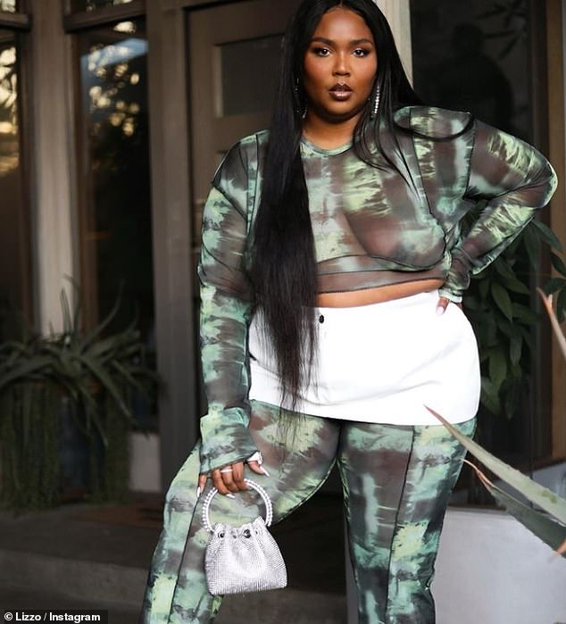 Stunning: Lizzo, 32, dropped jaws on Thursday when she posed up a storm in a sheer patterned crop top and matching green trousers