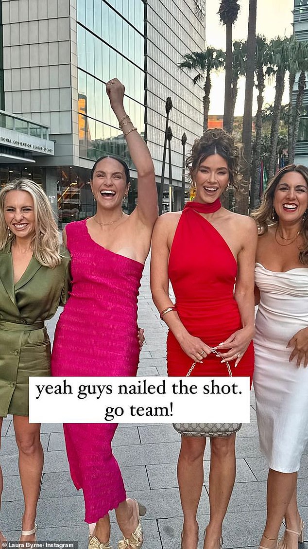 Laura Byrne (centre left) suffered a major fashion mishap at the Australian Podcast Awards. Wearing a H๏τ pink off-the-shoulder ruched dress, Laura raised her fist in the air as she and Brittany Hockley (centre right) celebrated being finalists for two awards on the night